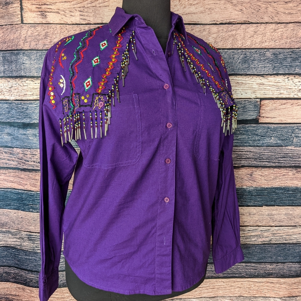 Vintage 90s Western Wear Embroidered Beaded Fringe Top